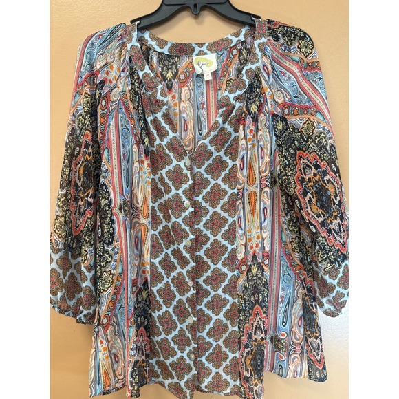 fig and flower Tops - Fig and Flower Womens M Paisley Medallion Button Front Blouse Blue Orange Boho